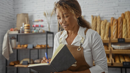 Woman writing in a notebook inside a bakery with shelves filled with various bread and pastries