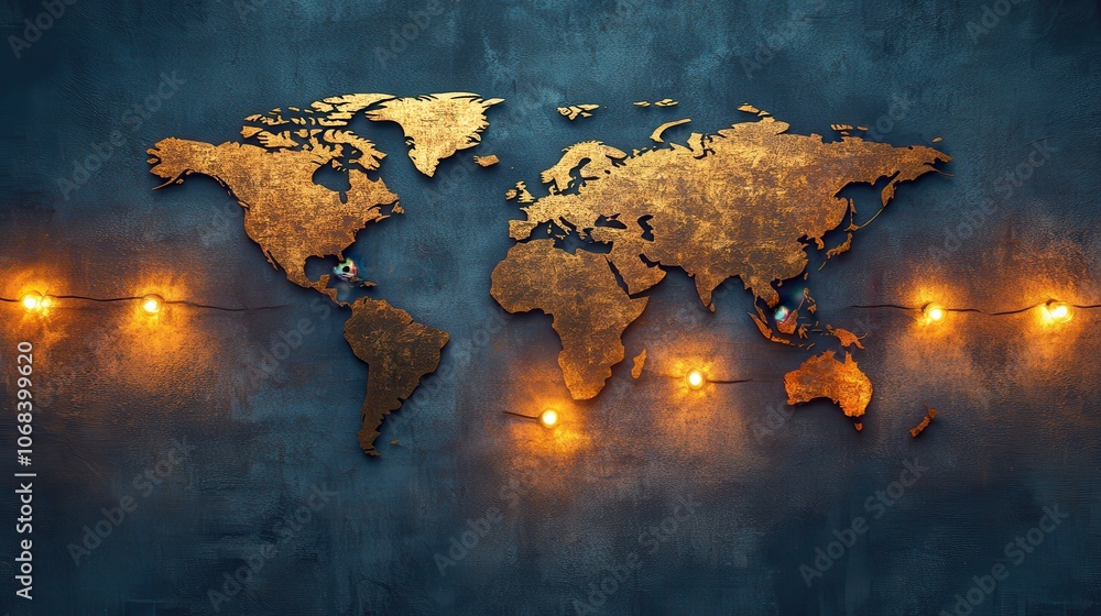 Poster golden world map with string lights.