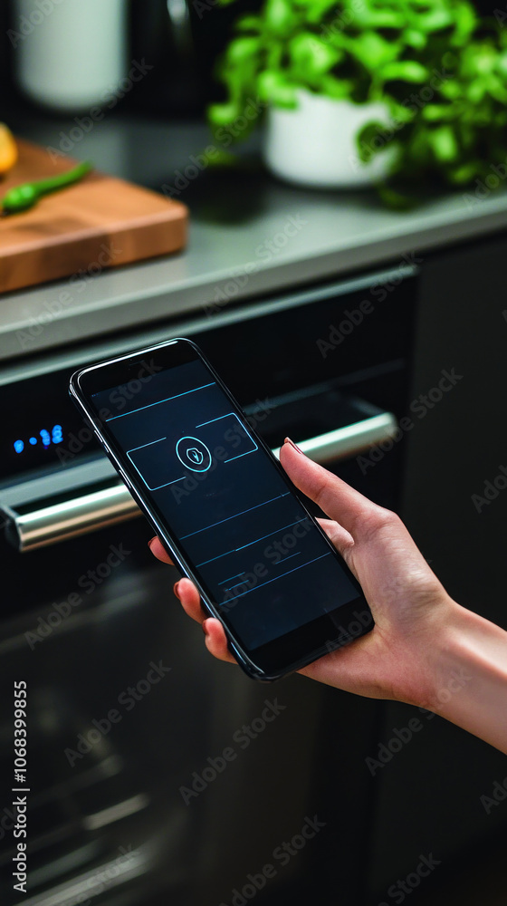 Poster a sleek smart dishwasher displaying cycle progress on a smartphone app, with customizable settings f