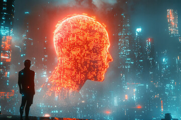 Man stands in front of massive digital AI face with glowing data streams in futuristic cityscape. Concept of advanced technology and artificial intelligence