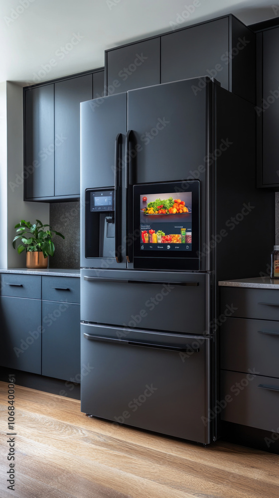 Poster a sleek smart refrigerator with a touchscreen display, showing weather updates, recipes, and grocery