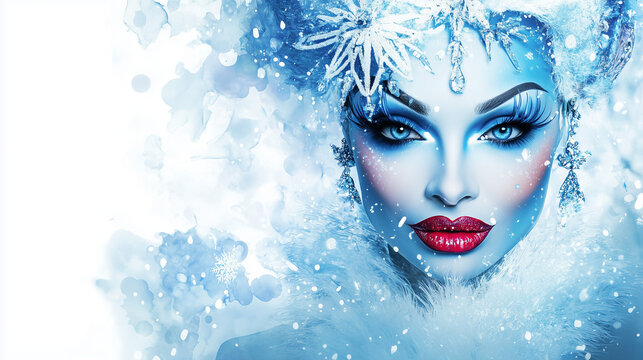 Professional style photo of super glamorous drag queen with a Christmas or festive season inspired theme, LGBTQ+, queer Christmas. Wide landscape 16:9 with copy space, copy blank