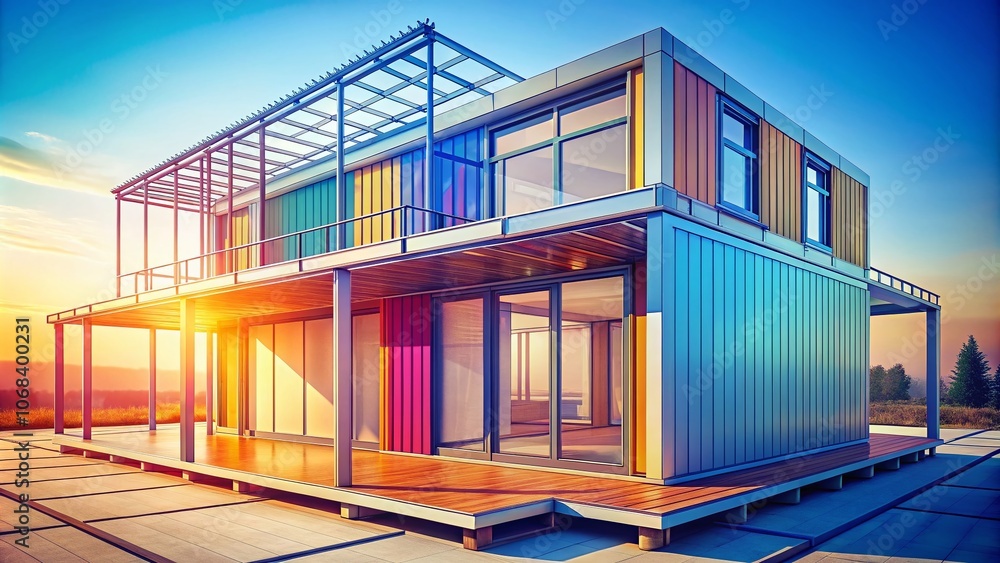 Poster modular house construction concept with prefabricated panels - modern architecture and real estate i