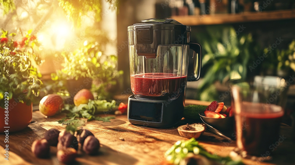 Poster a smart blender with a built-in touch screen, offering preset smoothie recipes and automatically adj