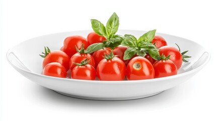 Fresh Cherry Tomatoes and Basil on a White Plate.