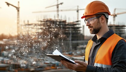 Engineer Analyzing Blueprints on Tablet at Construction Site
