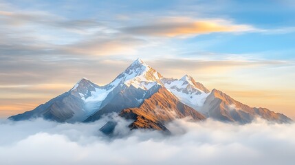 The majestic mountain range took center stage, its snow capped peaks standing tall against a backdrop of fluffy white clouds floating below, creating a breathtaking vista that seemed almost surreal.
