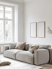 Fototapeta premium Modern interior design of a living room with a grey sofa and white wall background, mock-up for product presentation. Minimalist home decor, contemporary style