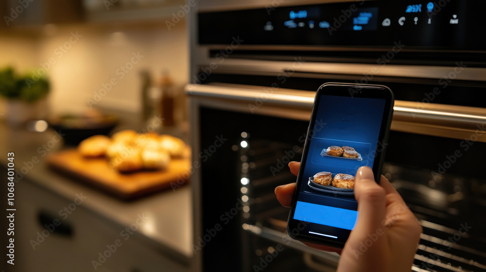 Poster a smart oven remotely controlled via a mobile app, adjusting cooking times and temperatures for perf
