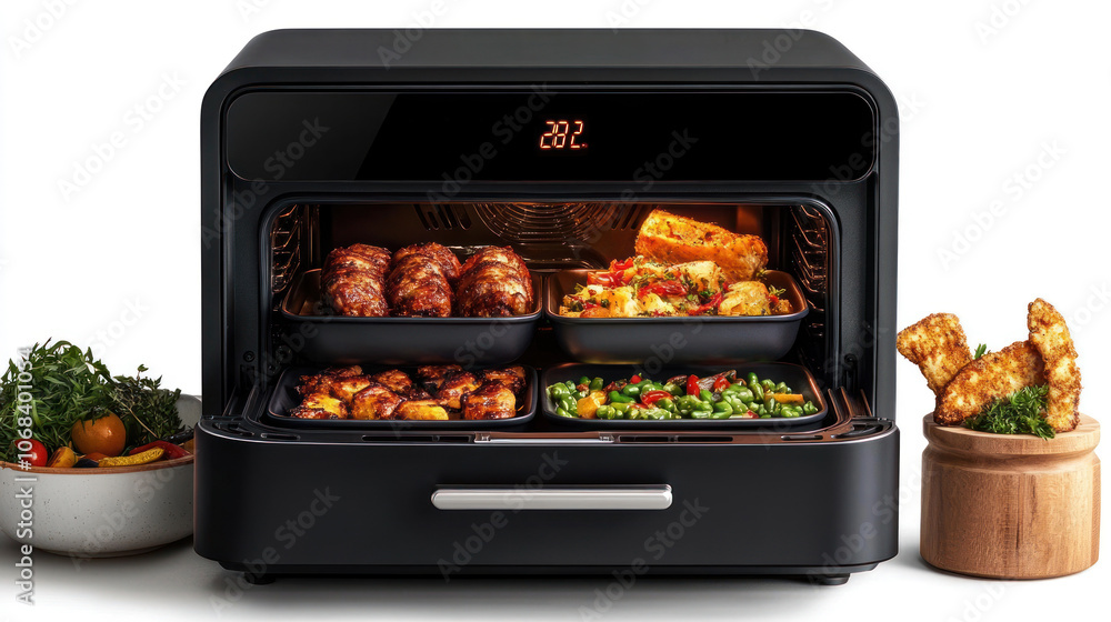 Poster a smart oven with an air fryer option, showing a touchscreen interface where users select preset rec