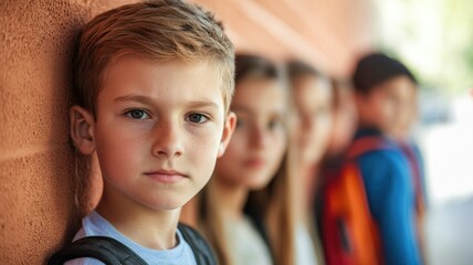 Serious boy stands against brick wall with friends