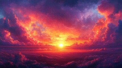A vibrant sunset paints the sky with fiery hues, casting a golden glow on the clouds below.