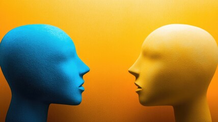 Blue and yellow head-shaped mannequins facing each other on orange gradient background