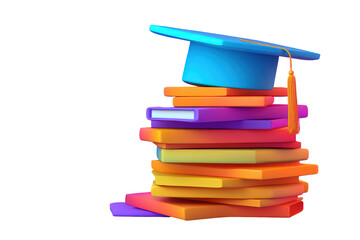 A colorful stack of books topped with a graduation cap representing online education