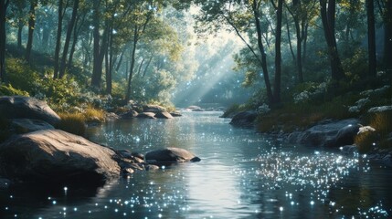A tranquil river flowing through a forest, where parts of the water shimmer with pixelated streams of data."