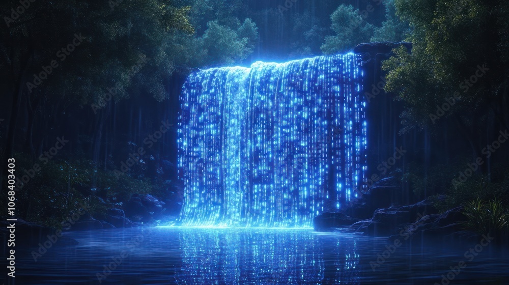 Poster a waterfall with glowing binary streams instead of water, cascading into a serene digital lake surro