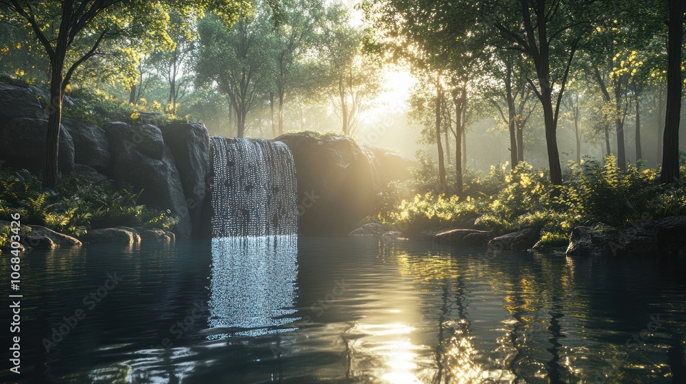 Poster a waterfall with glowing binary streams instead of water, cascading into a serene digital lake surro