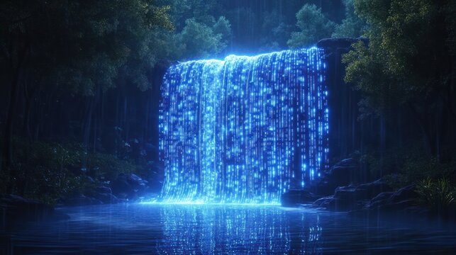 A waterfall with glowing binary streams instead of water, cascading into a serene digital lake surrounded by trees."