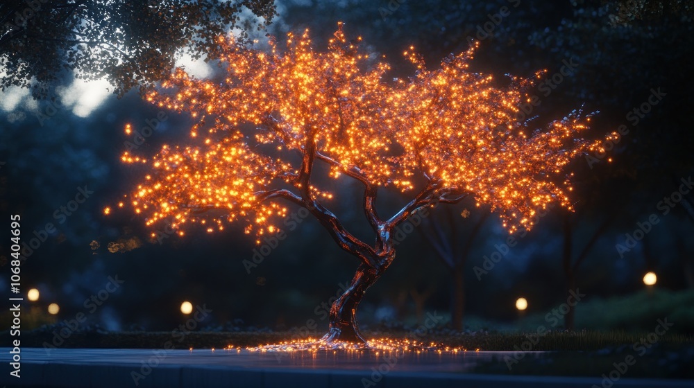 Aufkleber an ai-driven tree with metallic branches and glowing leaves, standing tall in a park, blending with 