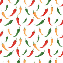 Watercolor pattern vegetables on white background. Hand drawn isolated fresh yellow, orange, red pepper paprika. Bell pepper. Pattern