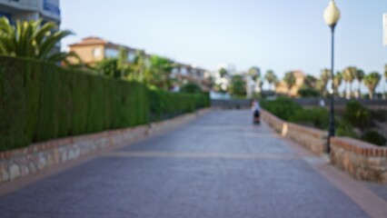 Defocused man walking outdoors along a decorative pathway with greenery and lamps during daytime creating a serene and blurred backdrop