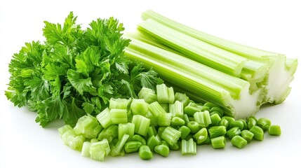 Fresh Celery Stalks, Leaves and Diced Celery