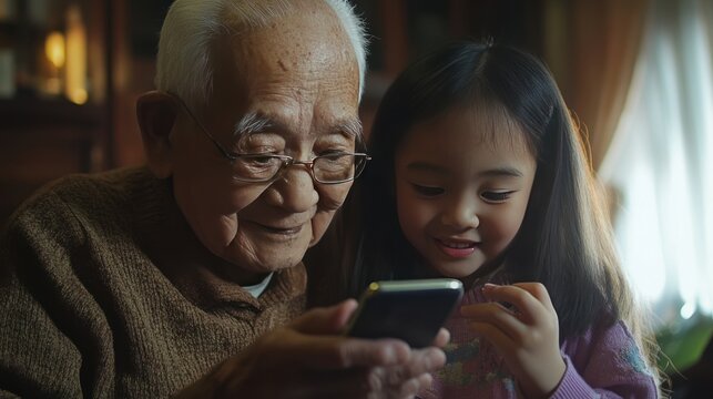 An elderly man learning to use his smartphone with the help of his granddaughter, sharing a moment of joy and discovery together."