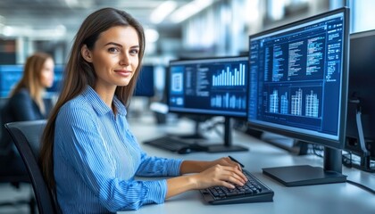 Young Professional Reviewing Digital Blueprints in Office