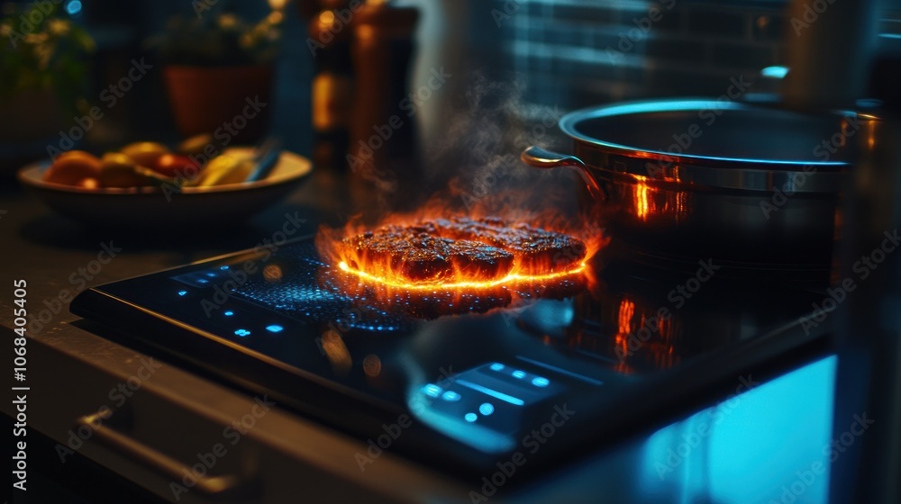 Poster an energy-efficient induction cooktop with smart controls, allowing users to set cooking times and t