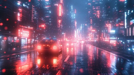 Obraz premium A car drives down a wet, neon-lit street in a futuristic city.