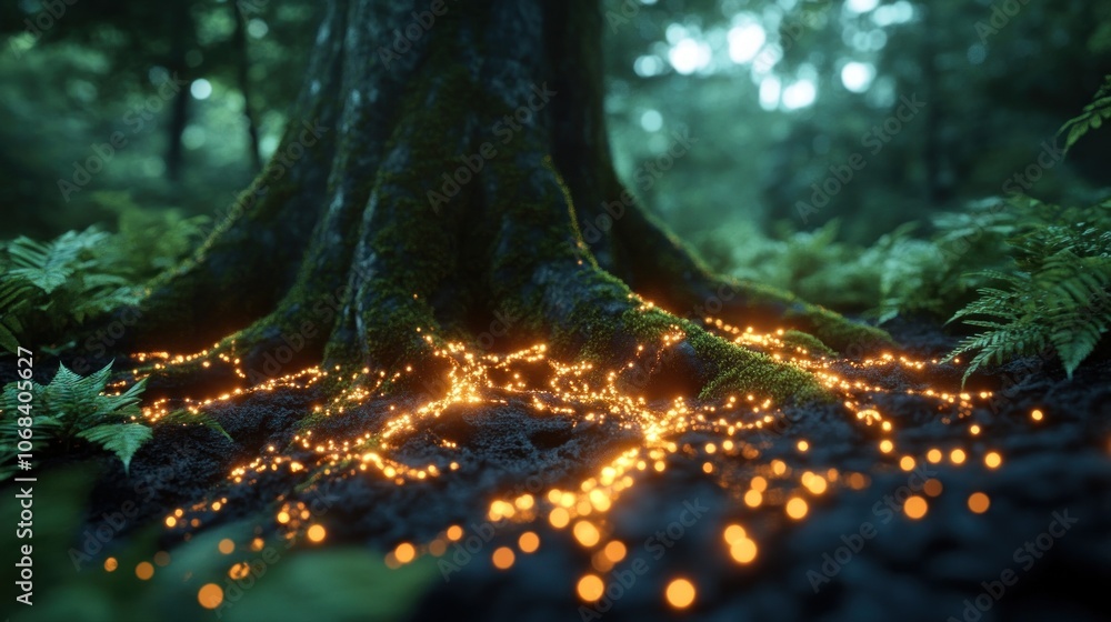Poster artificial intelligence represented by a neural network formed out of glowing roots beneath a lush g