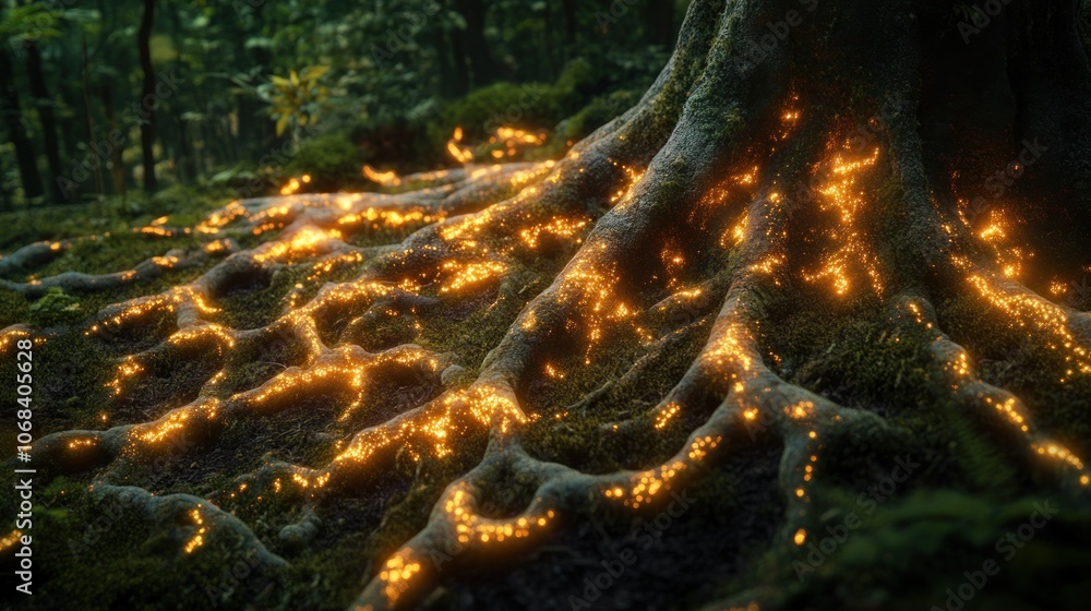 Poster artificial intelligence represented by a neural network formed out of glowing roots beneath a lush g