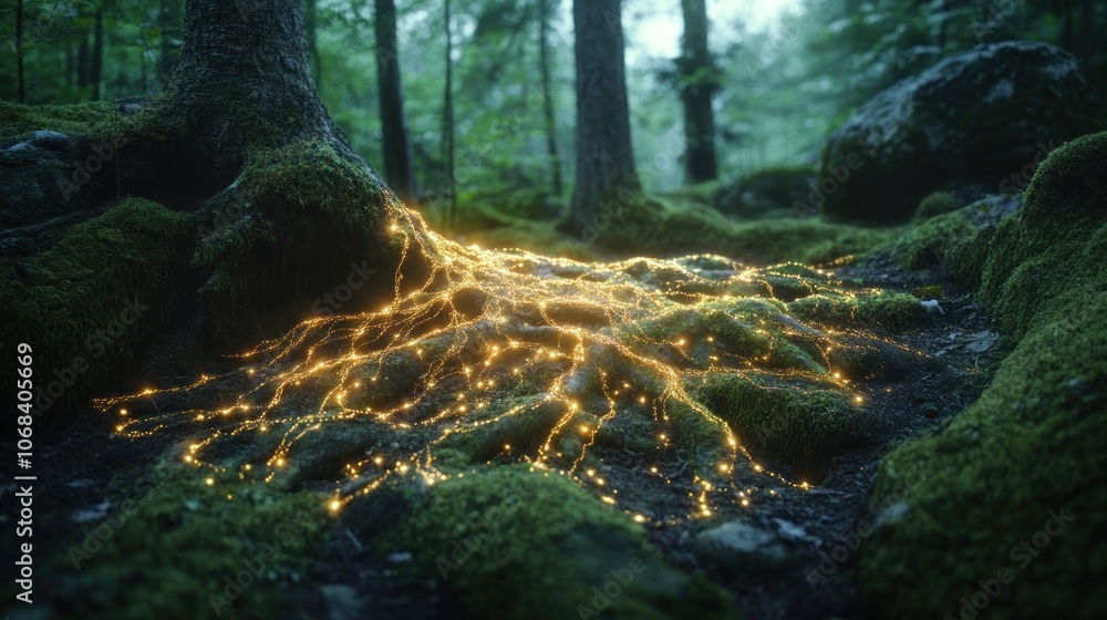 Poster artificial intelligence represented by a neural network formed out of glowing roots beneath a lush g
