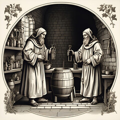 a black and white drawing Medieval Monks Brewing Beer A Simple Linear a barrel with a bucket of oil