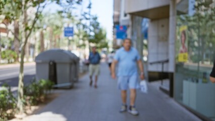 Obraz premium Defocused man walking on an outdoor urban sidewalk during the day with blurred background and trees lining the street