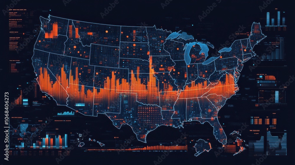 Poster digital map of united states with data points and charts, showcasing statistical information in vibr