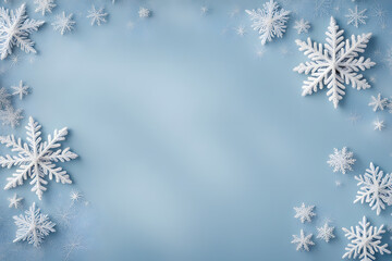 Delicate glitter snowflakes on a soft blue background gentle winter vibe, Ai Generated