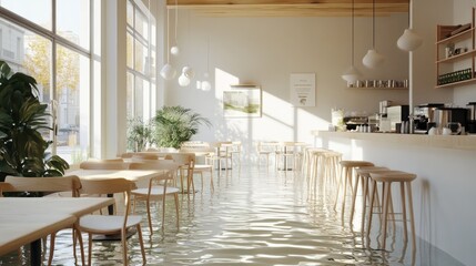 Flooded modern coffee shop interior with natural light