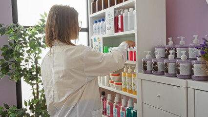 Young female pharmacist in a pharmacy shop organizing products on shelves while standing indoors with various items displayed in the background.