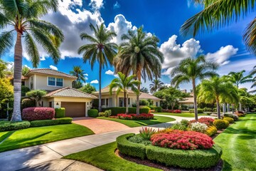 Fototapeta premium Panoramic View of Boca Raton Residential Area Showcasing Lush Landscaping, Modern Architecture, and Serene Neighborhood Vibes for Real Estate and Lifestyle Imagery