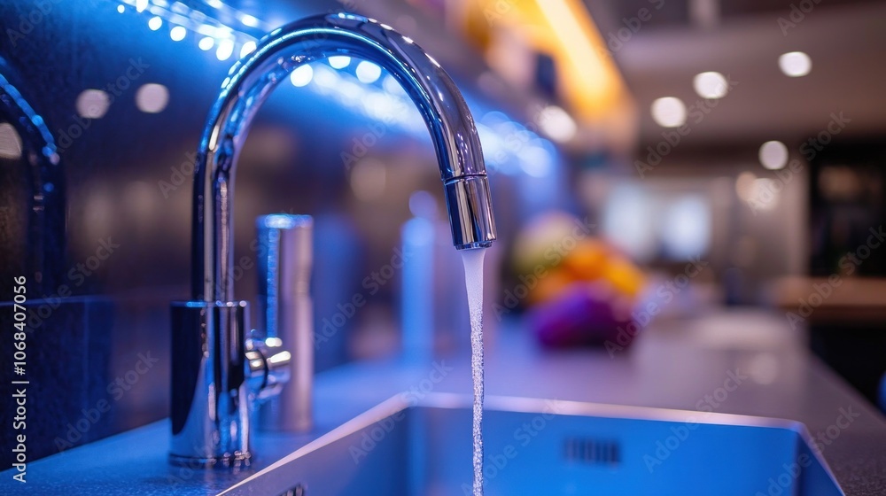 Poster close-up of a faucet with sensor control that automatically adjusts water flow and temperature. mode