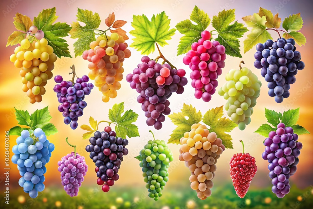 Poster panoramic view of grapes set icons in flat and silhouette style vector icons, showcasing the diversi
