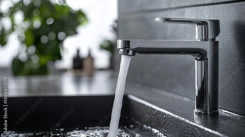 Poster close-up of a faucet with sensor control that automatically adjusts water flow and temperature. mode