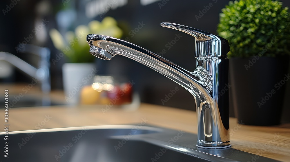 Poster close-up of a faucet with sensor control that automatically adjusts water flow and temperature. mode