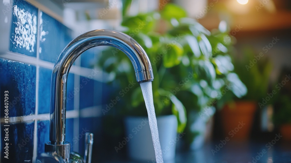 Fototapete close-up of a faucet with sensor control that automatically adjusts water flow and temperature. mode