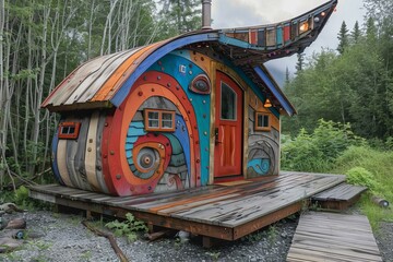 Small colorful house with artistic design standing in the woods, an example of original and independent way of life