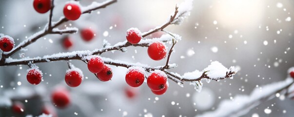 Red berries covered with snow during snowfall in winter