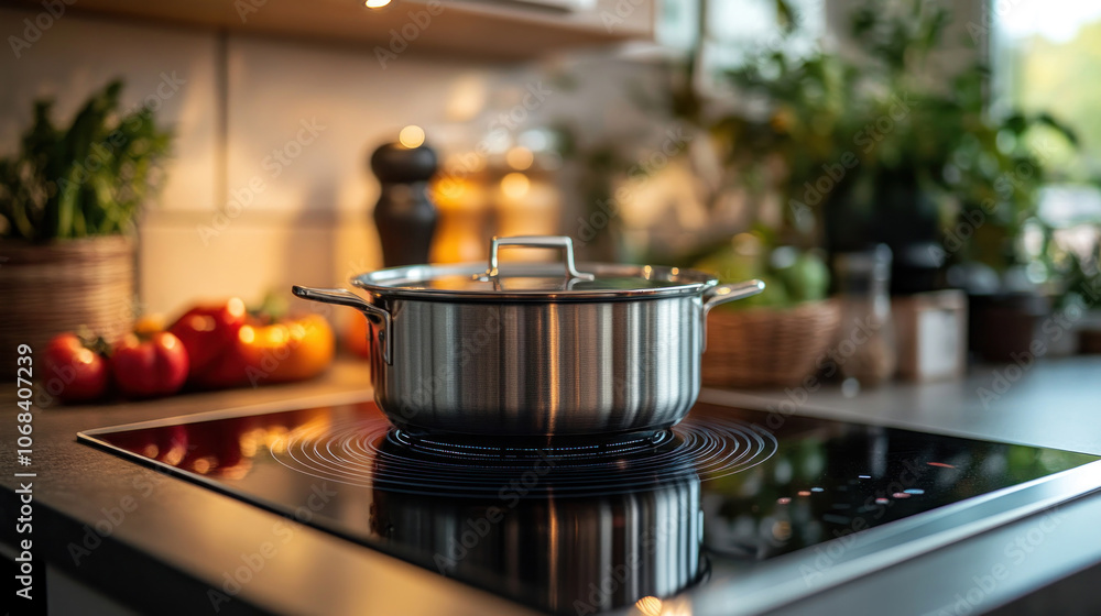 Poster close-up of a modern induction hob with built-in sensors that detect the position of the pot and aut