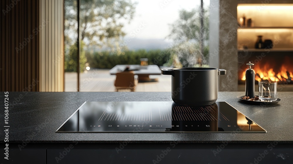 Aufkleber close-up of a modern induction hob with built-in sensors that detect the position of the pot and aut