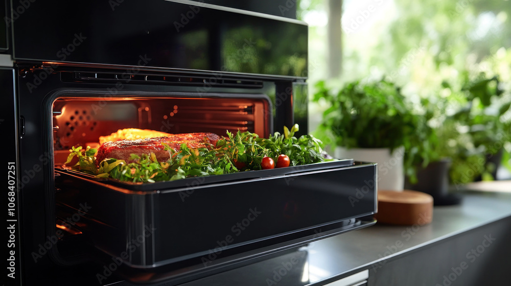 Poster close-up of a high-tech oven with sensor technology that measures the internal food temperature 